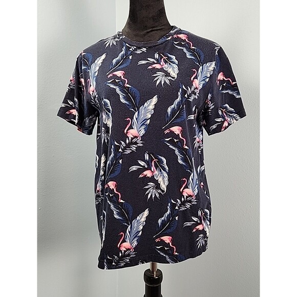 Denim & Flower Ricky Singh Mens Medium Hawaiian Print Flamingo SS T-Shirt Blue - Picture 1 of 8